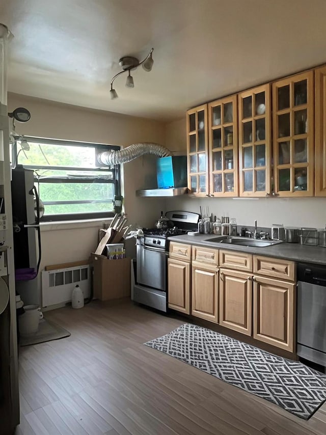 219-02 75th Ave Unit 2F, Oakland Gardens, NY 11364 - kitchen with appliances with stainless steel finishes, radiator, a sink, dark countertops, and glass insert cabinets