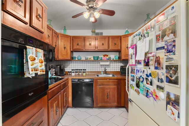 96 Molly Pitcher Ln Unit H, Yorktown Heights, NY 10598 - kitchen with black appliances, open shelves, brown cabinets, and a ceiling fan