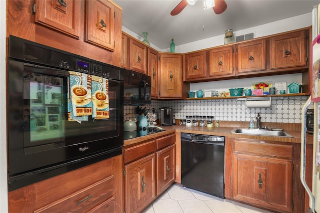 96 Molly Pitcher Ln Unit H, Yorktown Heights, NY 10598 - kitchen with black appliances, open shelves, brown cabinets, ceiling fan, and backsplash