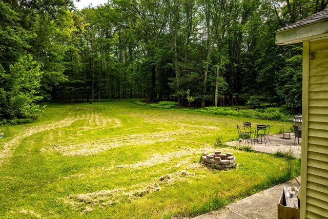 346 Stone School House Rd, Bloomingburg, NY 12721 - view of grassy yard featuring an outdoor fire pit, a patio area, and a view of trees