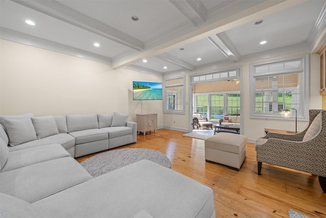 6 Long Meadow Way, Goshen, NY 10924 - living room with beamed ceiling, light wood finished floors, recessed lighting, and crown molding
