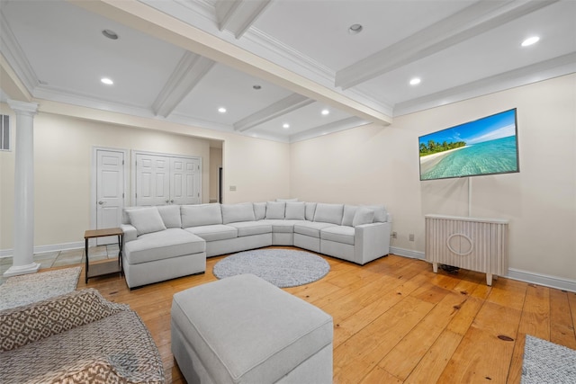 6 Long Meadow Way, Goshen, NY 10924 - living area with decorative columns, beamed ceiling, light wood-type flooring, recessed lighting, and ornamental molding
