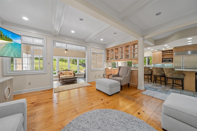 6 Long Meadow Way, Goshen, NY 10924 - living area featuring beamed ceiling, light wood-style floors, crown molding, recessed lighting, and coffered ceiling