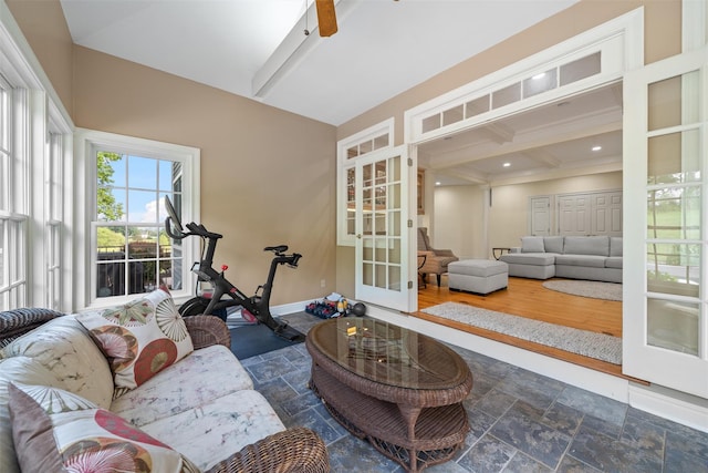 6 Long Meadow Way, Goshen, NY 10924 - living room with french doors, beamed ceiling, stone finish flooring, and recessed lighting