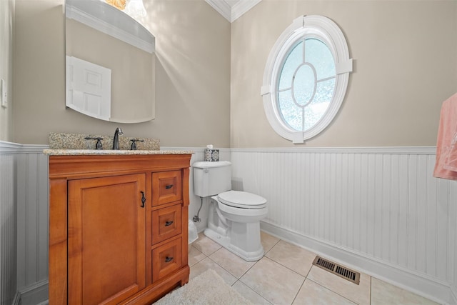 6 Long Meadow Way, Goshen, NY 10924 - half bath featuring wainscoting, tile patterned flooring, vanity, and ornamental molding