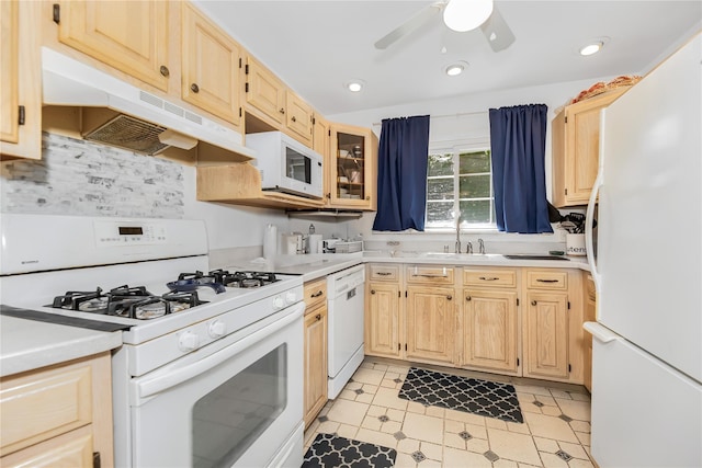 13 Valley View Dr, New Windsor, NY 12553 - kitchen with white appliances, under cabinet range hood, light brown cabinets, a ceiling fan, and recessed lighting