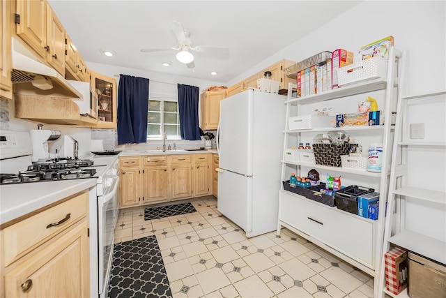 13 Valley View Dr, New Windsor, NY 12553 - kitchen with white appliances, light brown cabinetry, a ceiling fan, light countertops, and recessed lighting