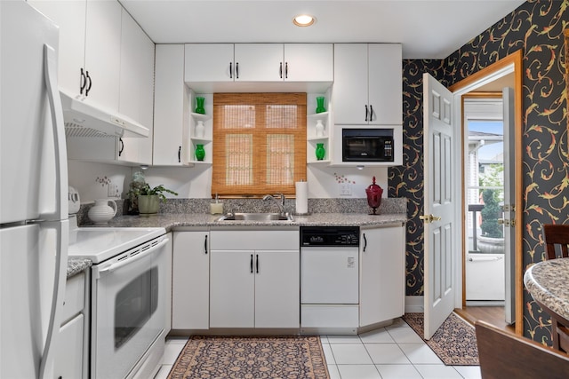 12 Roosevelt Pl, Massapequa, NY 11758 - kitchen with a sink, open shelves, white appliances, under cabinet range hood, and wallpapered walls