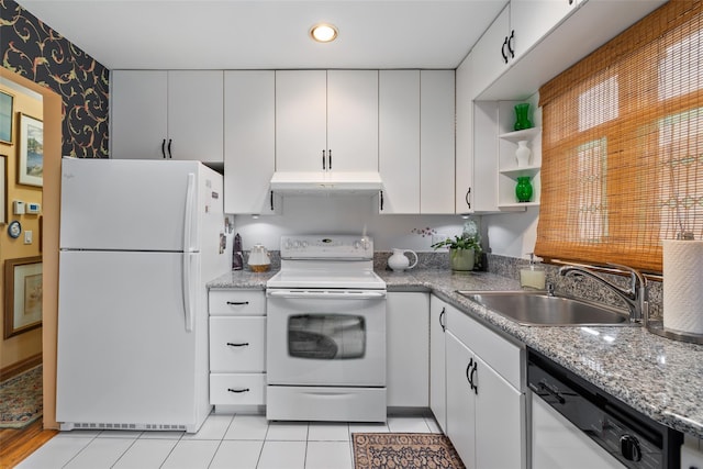 12 Roosevelt Pl, Massapequa, NY 11758 - kitchen featuring white appliances, under cabinet range hood, a sink, white cabinetry, and open shelves