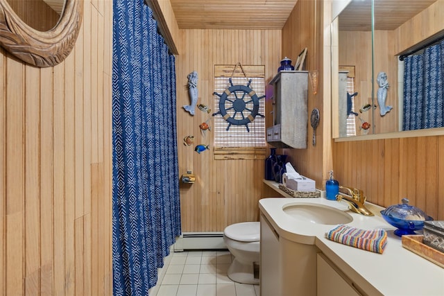 12 Roosevelt Pl, Massapequa, NY 11758 - full bath featuring baseboard heating, tile patterned floors, wooden walls, toilet, and wood ceiling