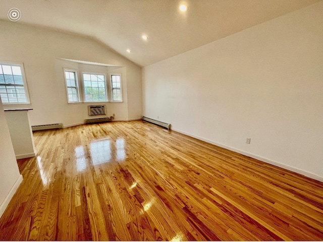 132-06 57th Rd, Flushing, NY 11355 - unfurnished room featuring baseboard heating, light wood-style flooring, lofted ceiling, a wall mounted AC, and recessed lighting