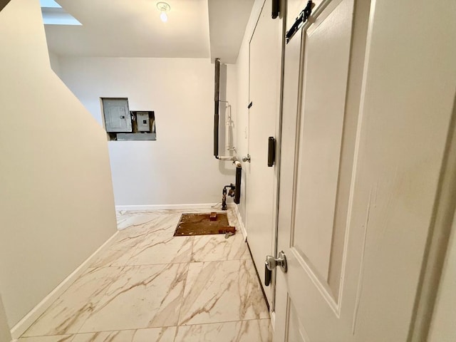 132-06 57th Rd, Flushing, NY 11355 - hall featuring electric panel, baseboards, and marble look tile flooring