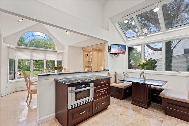 8 Ellis Dr, Syosset, NY 11791 - kitchen with oven, a skylight, dark brown cabinetry, high vaulted ceiling, and dark stone countertops
