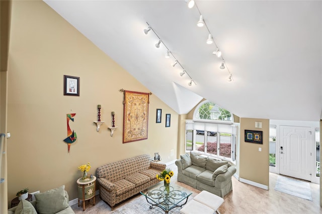 8 Ellis Dr, Syosset, NY 11791 - living room featuring vaulted ceiling and baseboards