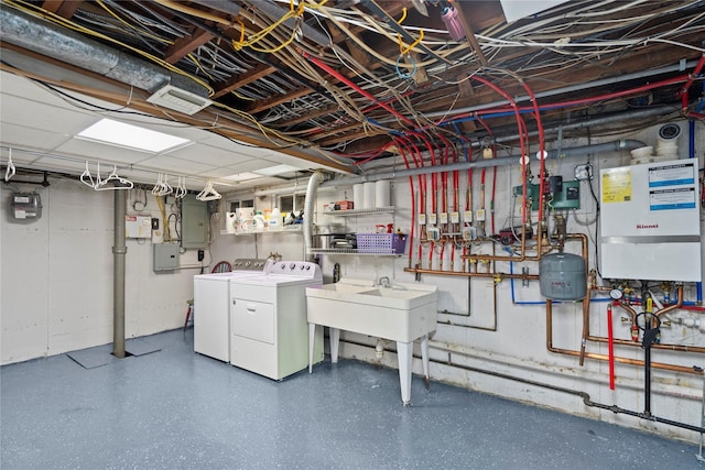 8 Ellis Dr, Syosset, NY 11791 - unfinished basement with washing machine and clothes dryer, water heater, and electric panel