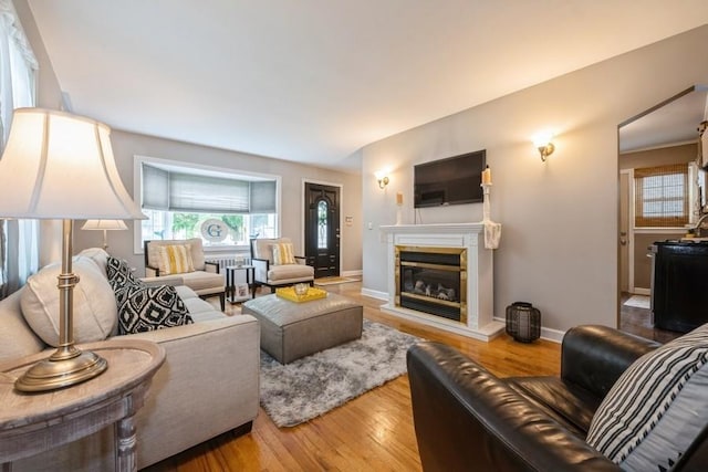 532 7th St, West Hempstead, NY 11552 - living room with plenty of natural light, a glass covered fireplace, and wood finished floors