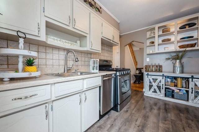 532 7th St, West Hempstead, NY 11552 - kitchen featuring open shelves, stainless steel appliances, ornamental molding, white cabinets, and light countertops