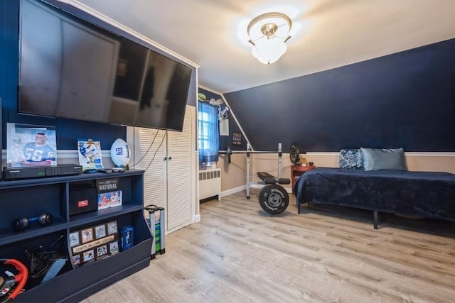 532 7th St, West Hempstead, NY 11552 - bedroom with radiator, wood finished floors, and vaulted ceiling