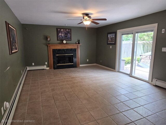 18 Laura Ct, Nesconset, NY 11767 - unfurnished living room featuring baseboard heating, tile patterned flooring, a ceiling fan, and a fireplace