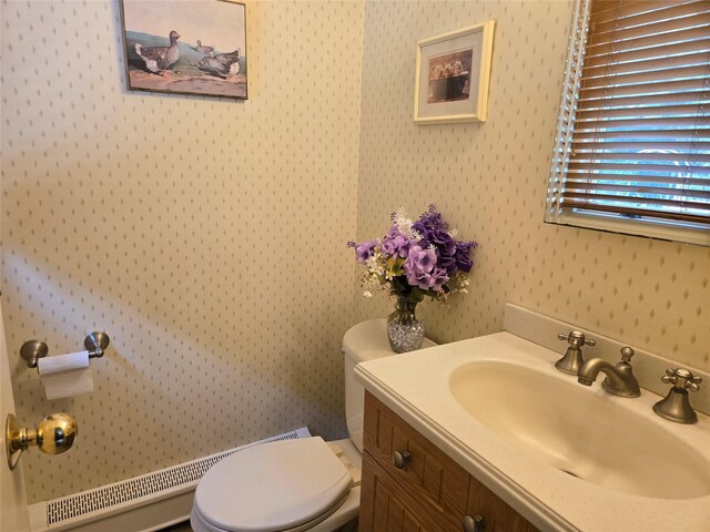 18 Laura Ct, Nesconset, NY 11767 - bathroom with vanity, wallpapered walls, and a baseboard radiator