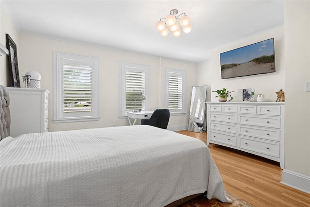 100-15 Ascan Ave, Forest Hills, NY 11375 - bedroom with light wood-type flooring, ornamental molding, and a chandelier