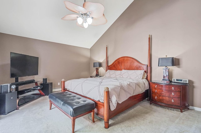318 Sheep Pasture Rd, East Setauket, NY 11733 - bedroom with carpet, a baseboard radiator, a ceiling fan, baseboards, and high vaulted ceiling