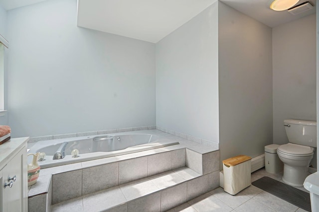 318 Sheep Pasture Rd, East Setauket, NY 11733 - bathroom with a bath, toilet, tile patterned flooring, a baseboard heating unit, and vanity