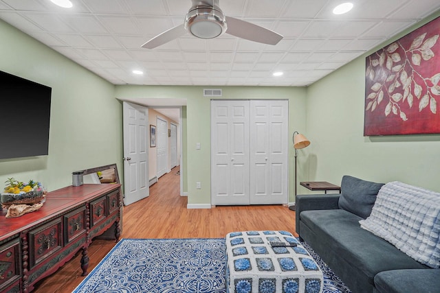 318 Sheep Pasture Rd, East Setauket, NY 11733 - living room with recessed lighting, wood finished floors, and ceiling fan