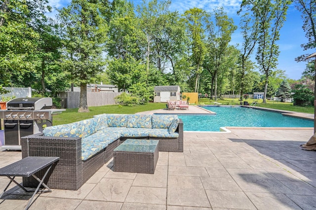 318 Sheep Pasture Rd, East Setauket, NY 11733 - view of pool featuring a patio area, grilling area, outdoor lounge area, and a shed