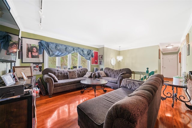 7 Tufts Ln, Highland Mills, NY 10930 - living room with wood finished floors, rail lighting, and ornamental molding