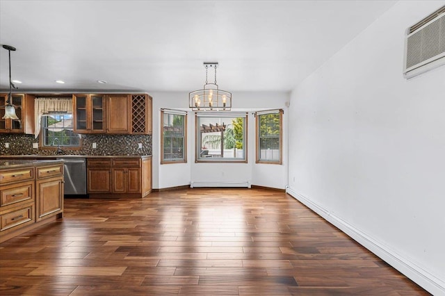 1057 Carlls Straight Path, Dix Hills, NY 11746 - kitchen with dishwasher, a baseboard radiator, brown cabinetry, backsplash, and recessed lighting
