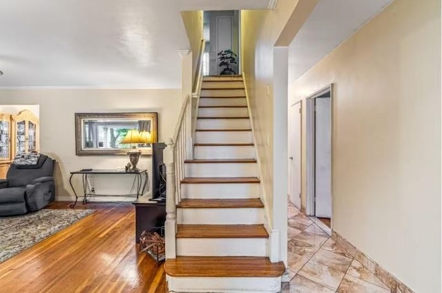 49-75 175th Pl, Fresh Meadows, NY 11365 - staircase featuring baseboards and ornamental molding