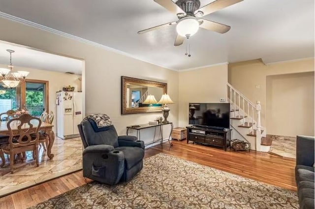 49-75 175th Pl, Fresh Meadows, NY 11365 - living room featuring stairs, ornamental molding, a chandelier, wood finished floors, and ceiling fan