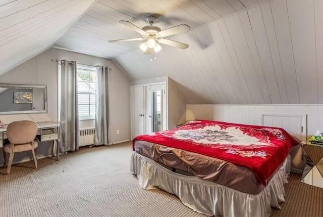 49-75 175th Pl, Fresh Meadows, NY 11365 - bedroom with light colored carpet, radiator heating unit, vaulted ceiling, and ceiling fan