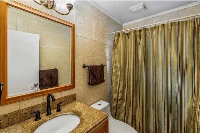 49-75 175th Pl, Fresh Meadows, NY 11365 - bathroom with vanity, toilet, ornamental molding, tile walls, and a shower with shower curtain