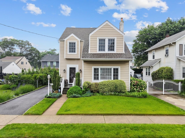 206 Brower Ave, Rockville Centre, NY 11570 - view of front of home with a shingled roof, a gate, and a chimney