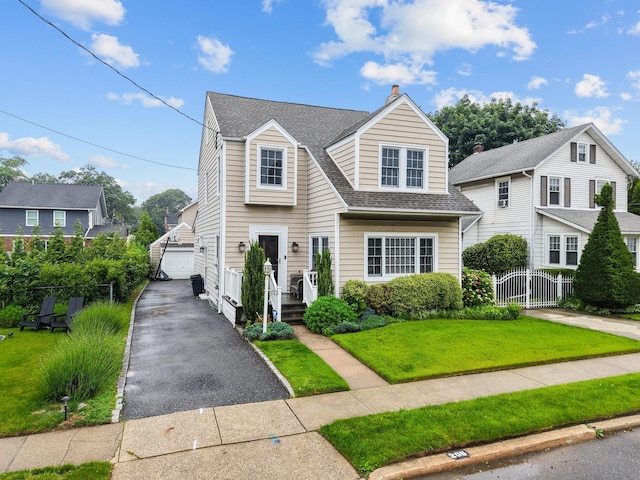 206 Brower Ave, Rockville Centre, NY 11570 - view of front of house with roof with shingles, an outbuilding, a gate, and a chimney