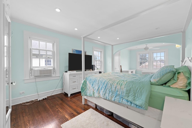 206 Brower Ave, Rockville Centre, NY 11570 - bedroom featuring arched walkways, cooling unit, multiple windows, crown molding, and recessed lighting