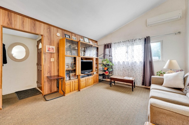 9 Laurie Rd, Brentwood, NY 11717 - living area with a wall mounted air conditioner, light colored carpet, lofted ceiling, and wooden walls