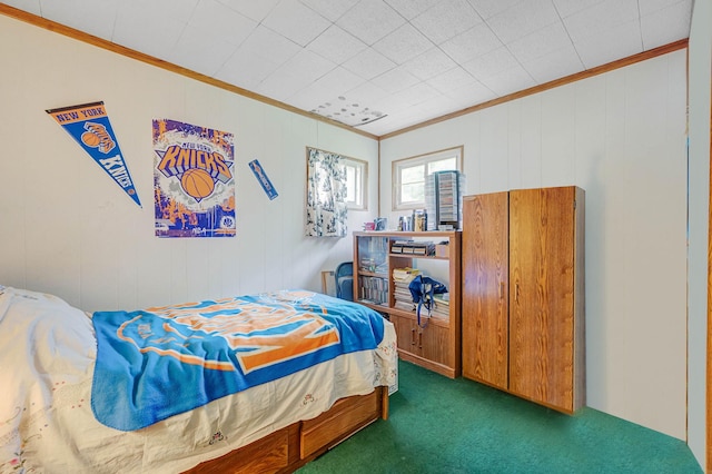 9 Laurie Rd, Brentwood, NY 11717 - carpeted bedroom featuring ornamental molding and wooden walls