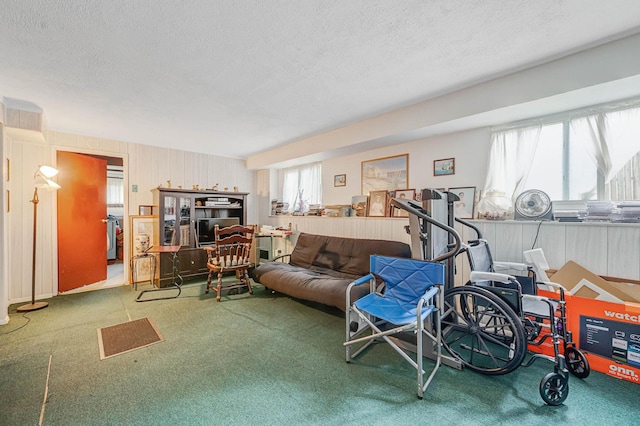 9 Laurie Rd, Brentwood, NY 11717 - carpeted living room with a textured ceiling