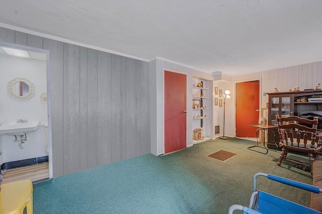 9 Laurie Rd, Brentwood, NY 11717 - living area with wooden walls, carpet, a textured ceiling, built in shelves, and crown molding
