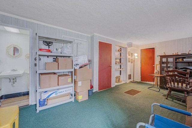 9 Laurie Rd, Brentwood, NY 11717 - carpeted home office featuring crown molding, a textured ceiling, and wooden walls