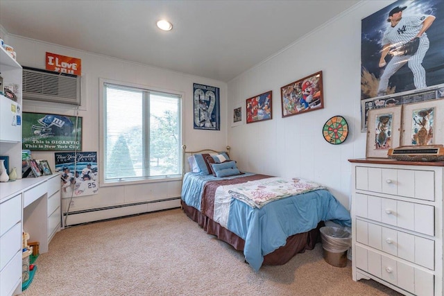 528 Longacre Ave, Woodmere, NY 11598 - bedroom featuring baseboard heating, crown molding, and light colored carpet
