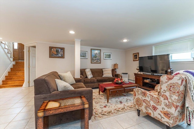 528 Longacre Ave, Woodmere, NY 11598 - living room featuring stairs, recessed lighting, light tile patterned flooring, ornamental molding, and baseboard heating