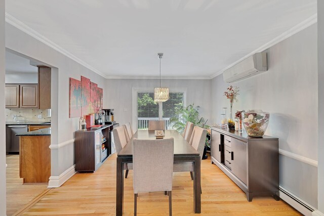 8 Mueller Mountain Rd, Putnam Valley, NY 10579 - dining room featuring a baseboard heating unit, a wall mounted AC, light wood finished floors, crown molding, and a chandelier