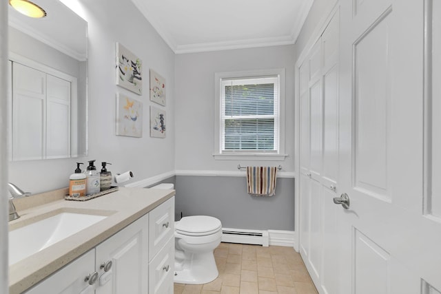8 Mueller Mountain Rd, Putnam Valley, NY 10579 - bathroom with a baseboard radiator, vanity, toilet, and crown molding
