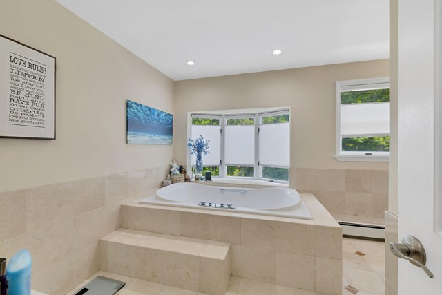 8 Mueller Mountain Rd, Putnam Valley, NY 10579 - bathroom featuring a baseboard heating unit, a bath, tile patterned floors, and recessed lighting