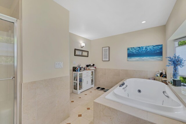 8 Mueller Mountain Rd, Putnam Valley, NY 10579 - full bath with a whirlpool tub, tile patterned flooring, tile walls, an enclosed shower, and wainscoting