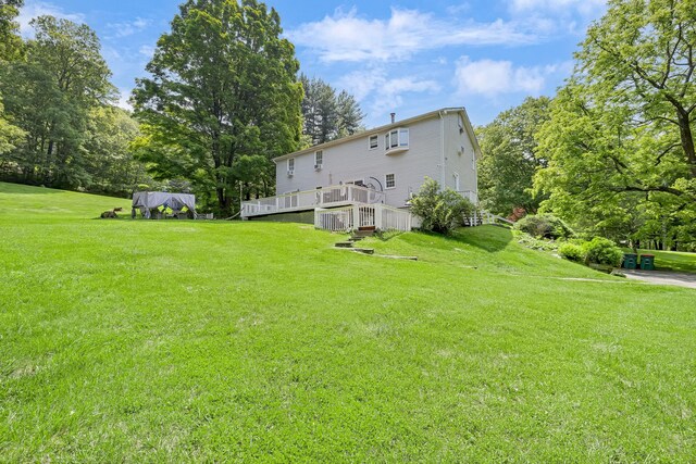 8 Mueller Mountain Rd, Putnam Valley, NY 10579 - view of green lawn with a wooden deck and view of wooded area
